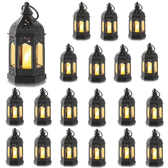 Mini Lantern with Flickering LED Candles Set of 20 Hewory Black Vintage Decorative Hanging Candle Lanterns for Halloween Christmas Wedding Decorations Party Table Centerpiece Battery Included